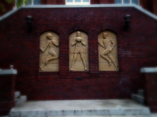wall sculptures outside State Gym