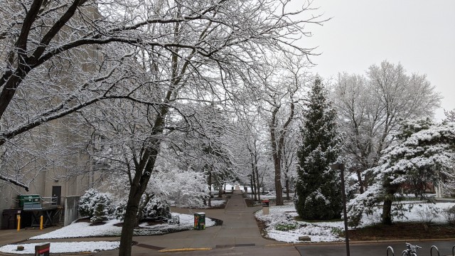 April snow fell on a quiet campus